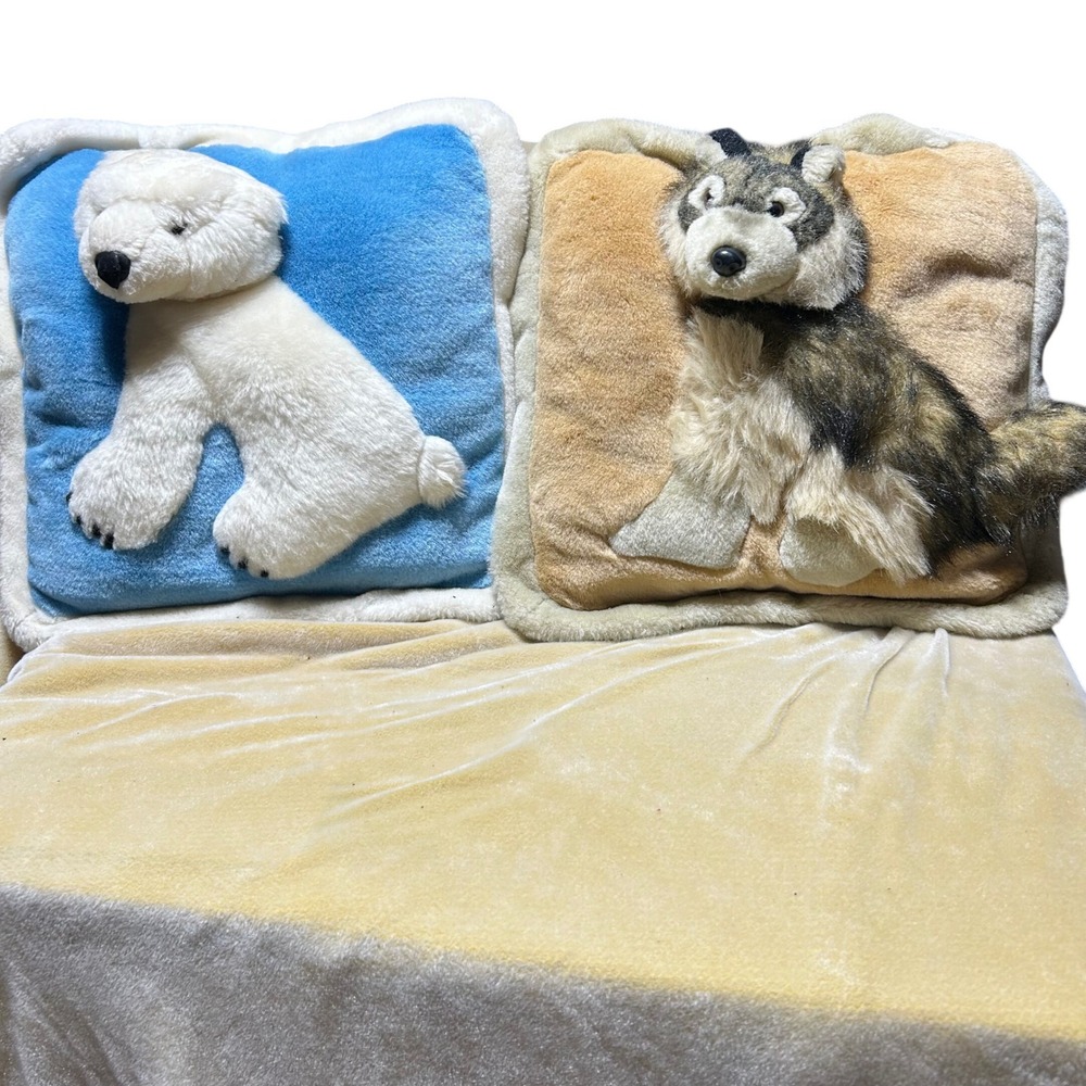 JAAG Plush 3D Wolf and Polar Bear Throw Pillows Set of 2 Blue Tan Faux Fur Lodge